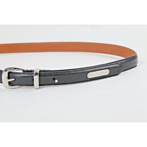 Vintage RALPH LAUREN Black Leather Skinny Belt Silver Buckle Logo Plaque Size M